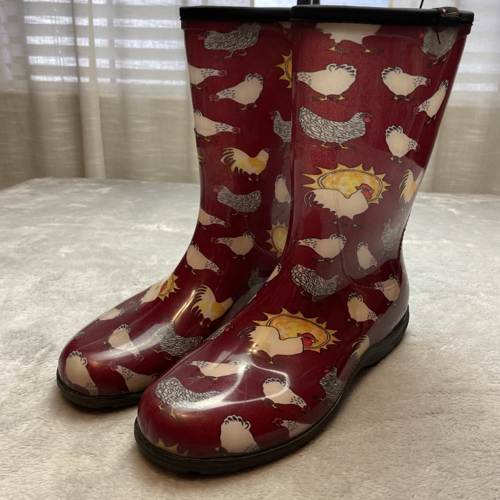 Sloggers Womens Rubber Rain Garden Boots Size 10 Chickens Hens Roosters Farm